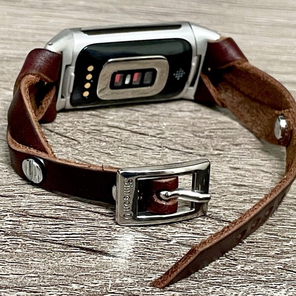 Slim Dark Brown Leather Strap Silver Fitbit Charge 5 Band Women Fashion Bracelet - Picture 8 of 8